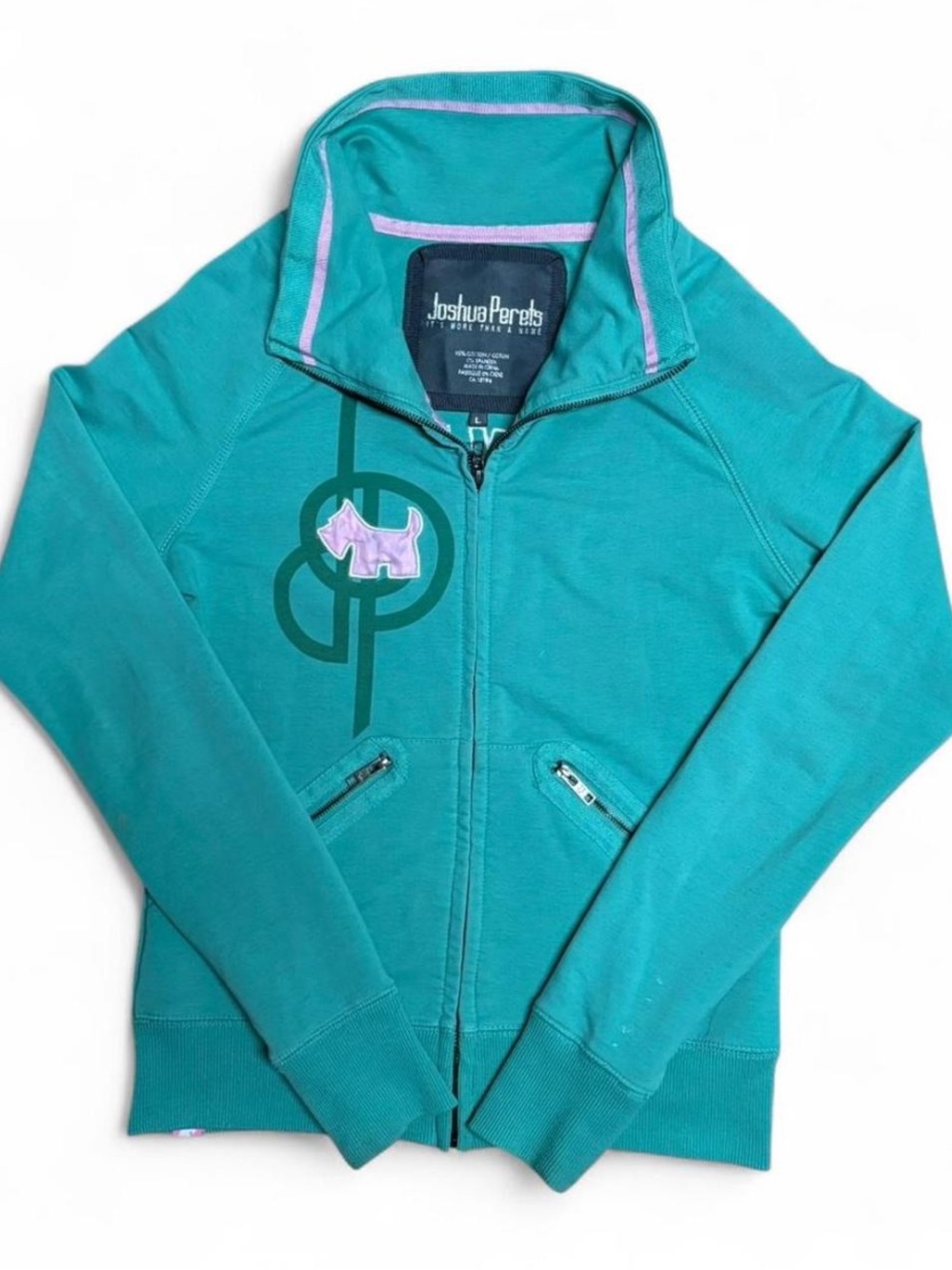 joshua perets turquoise sweater with design on front and back